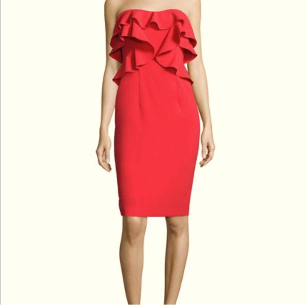 Black Halo Red Strapless Ruffle Sheath‎ Dress | Cocktail Midi size 4